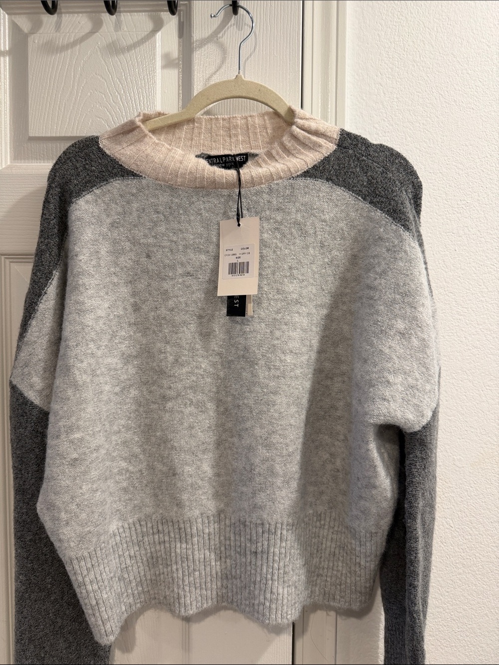 Central Park West Colorblock Crewneck Sweater - Light Gray, Charcoal & Cream